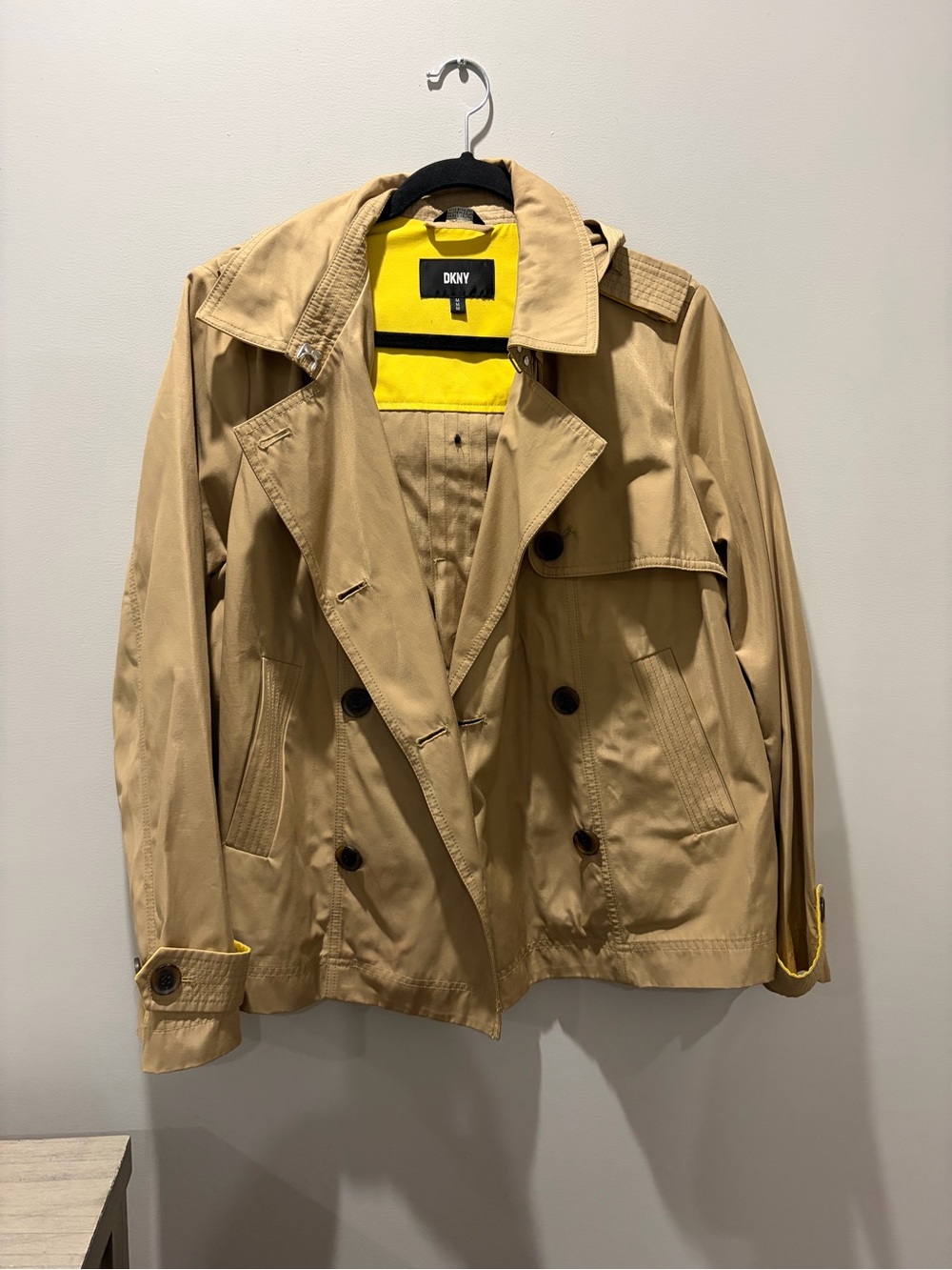 DKNY Tan Jacket with Bright Yellow Lining and Black Trim